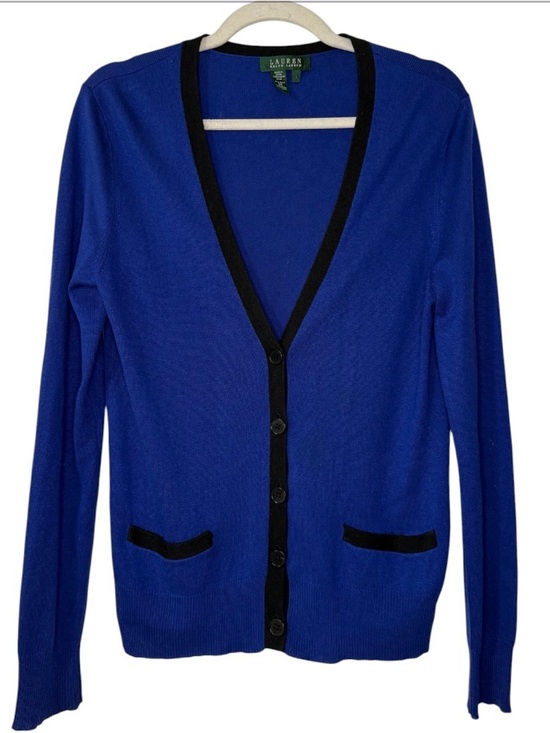 Lauren Ralph Lauren Sweaters - Lauren Ralph Lauren Royal Blue Silk and Cashmere Blend‎ Cardigan with Black Trim